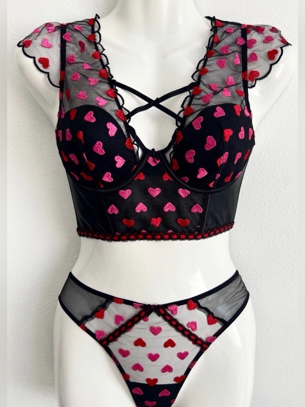 Women's Black Mesh Heart-Embroidered Bralette & Panty Set